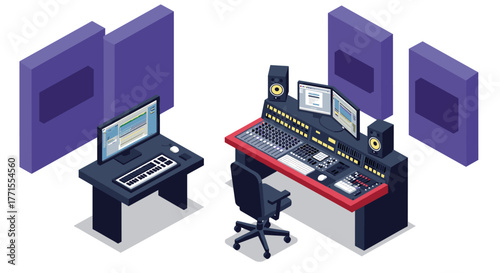 Isometric music studio interior with modern equipment and acoustic panels