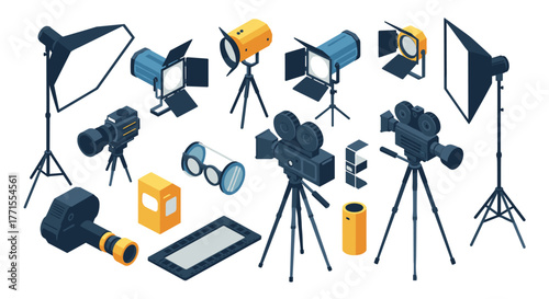 Isometric film equipment: cameras, lights, tripods, and accessories for cinematic production