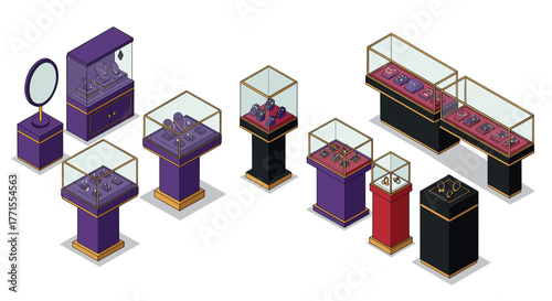Luxurious jewelry store displays in isometric style with elegant watch and necklace collections