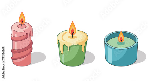 Trio of colorful lit candles on white background in cartoon style