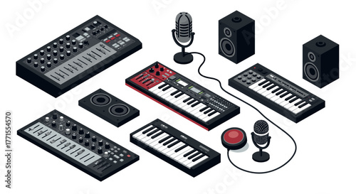 Isometric music production equipment with synthesizers and microphones