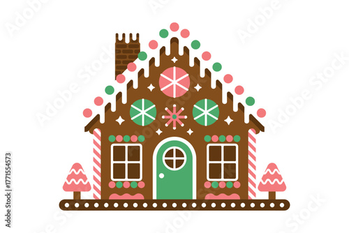 A gingerbread house with a chimney and candy decorations on a white background