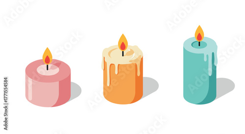 Flat design candles with melted wax and shadows on white background