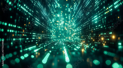 Futuristic technology background with green illuminated binary code matrix in perspective view, featuring depth of field and glowing blue tones