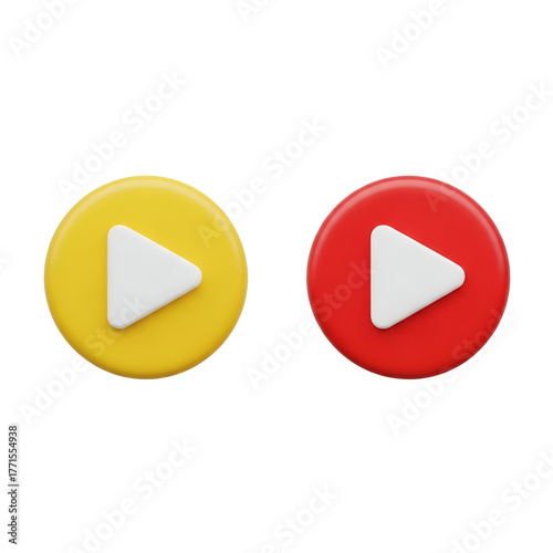 3d icon of two play buttons, one yellow and one red, isolated on transparent background