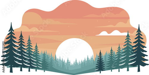 Illustration of a forest landscape with trees and a sunset or sunrise sky