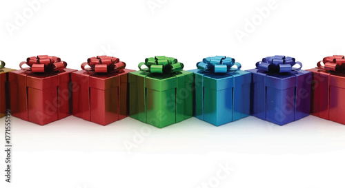 Row of colorful gift boxes with bows on top arranged in a line on a white background, showcasing various hues.
