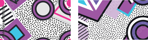 Set of Two Neon Colored Memphis Style Geometric Abstract Art Backgrounds