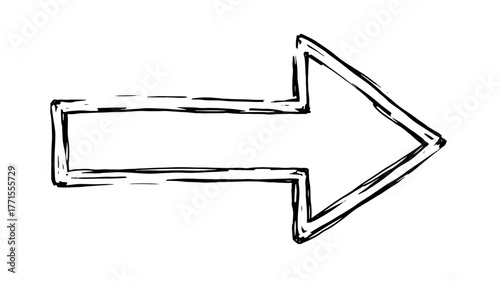 Hand-drawn black arrow icon, sketchy outline, pointing right, for presentation or website navigation, Isolated on transparent background, png