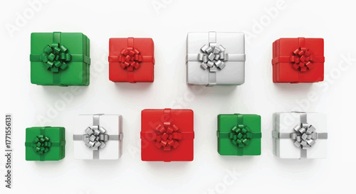 Flat lay of various colored cubes with gear mechanisms on a plain white background.