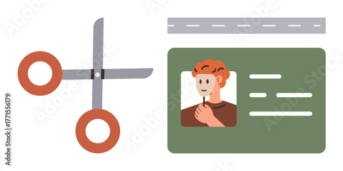 Open scissors near ID card featuring a concealed person hinting at identity fraud and security risks. Ideal for safety, privacy, identity theft, protection, cybersecurity, control, simple flat