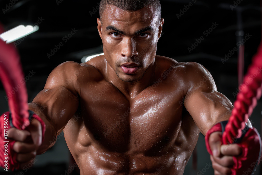 Fototapeta premium Intense training session with resistance ropes in indoor gym setting