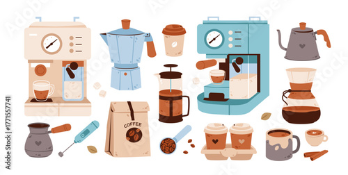 Espresso machine, cups, and coffee pot. Flat vector illustration of coffee mugs, beans, and brewing appliances. Morning breakfast lifestyle concepts. Coffee making equipment set.
