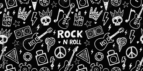 Funky black and white doodle pattern with rock and roll symbols and musical instruments