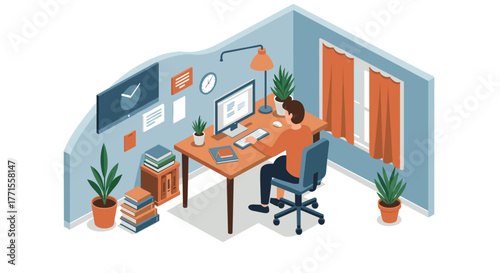 Isometric home office design with man working on computer surrounded by plants and modern decor