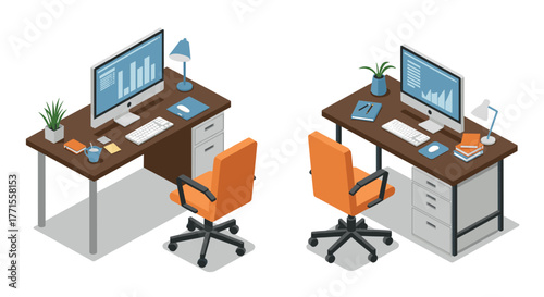 Modern office desk with computer setup in isometric style for workspace inspiration