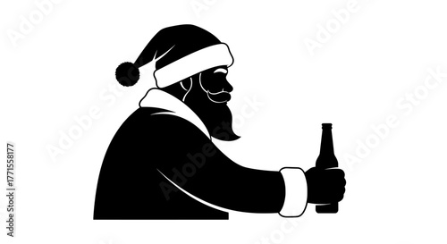 Black Silhouette Santa Beer Bottle Side-Profile Vector