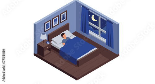 Isometric bedroom scene with person sleeping at night under moonlight