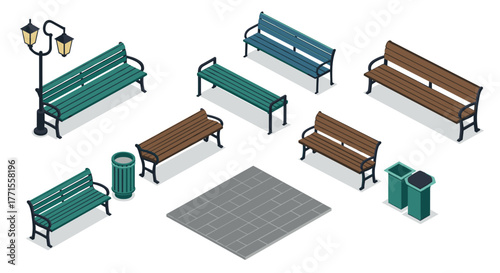 Urban park furniture set with benches, lamp post, and recycling bins in isometric view