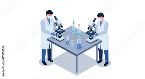 Scientists conducting experiments in laboratory with microscopes and test tubes in isometric design