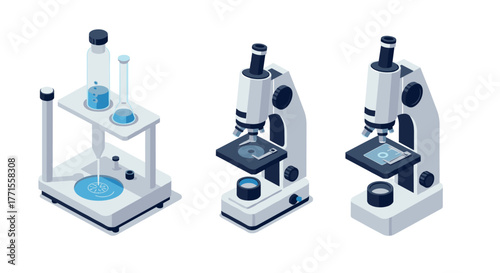 Isometric microscope lab equipment on white background
