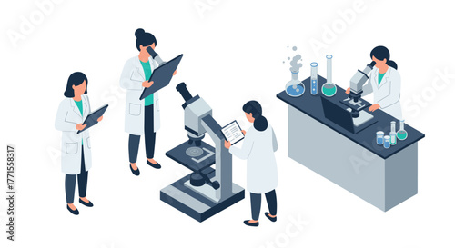 Isometric laboratory scene featuring scientists and microscopes in a research environment