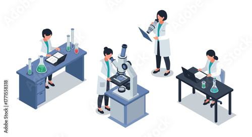 Scientists in lab conducting experiments with microscopes and laptops in isometric design