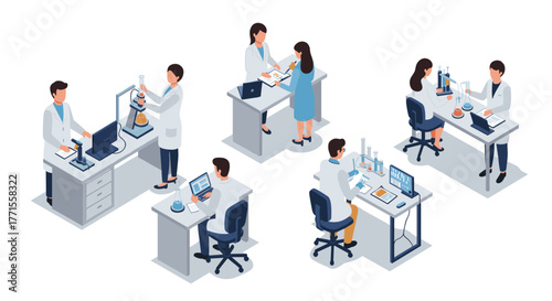 Isometric scientific laboratory scenes with researchers and equipment