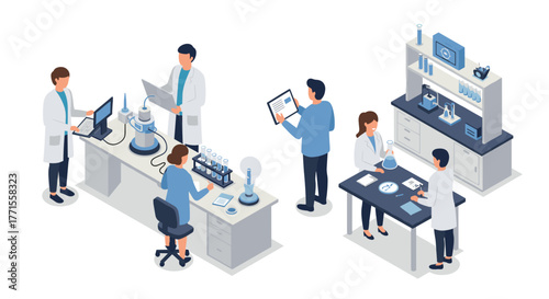 Isometric laboratory team conducting research with modern scientific equipment
