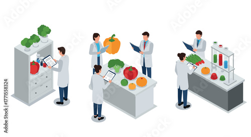 Isometric scientists analyzing vegetables and chemical samples in laboratory setting