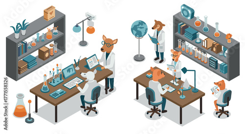 Creative isometric animal scientist lab with experiments and equipment