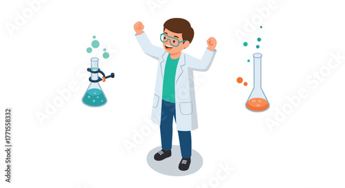 Excited scientist with beakers in isometric style