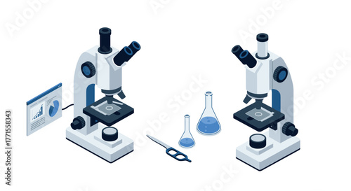 Isometric laboratory equipment with microscopes and beakers for scientific research concepts