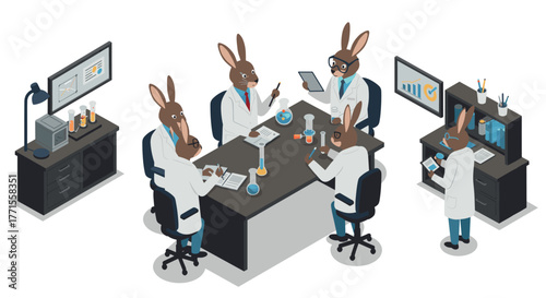 Isometric rabbit scientists in a laboratory setting engaged in research and experimentation