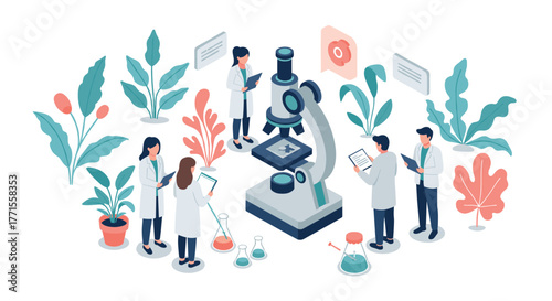 Scientists working together with microscope and plants in laboratory setting