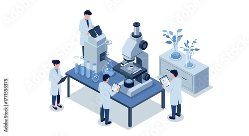 Scientific research team working in modern laboratory with advanced equipment