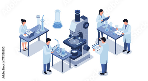 Isometric laboratory scene with scientists conducting experiments and research