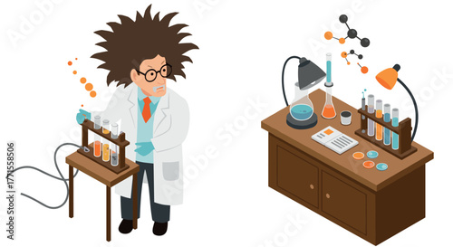 Isometric scientist in lab with experiments and chemistry equipment