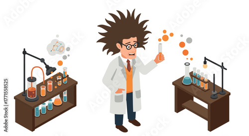 Eccentric scientist in laboratory setting with chemicals and equipment