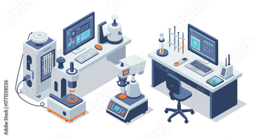 Isometric laboratory equipment set with computers and scientific instruments
