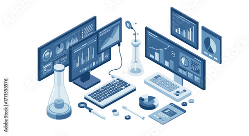 Blue monochrome isometric office workspace with multiple computer monitors and data charts