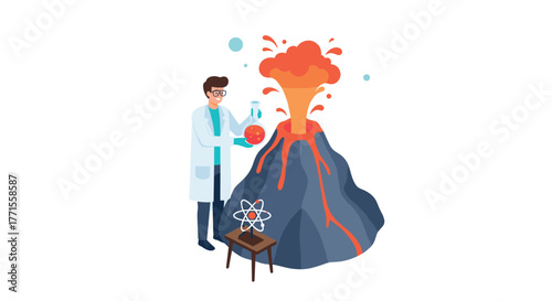 Scientist conducting chemistry experiment with erupting volcano in educational scene