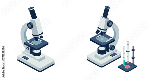 Isometric microscope equipment with test tubes on white background