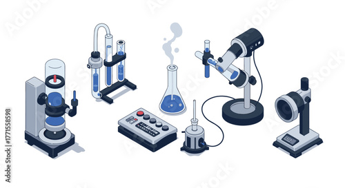 Isometric laboratory equipment set with modern scientific tools in blue tones