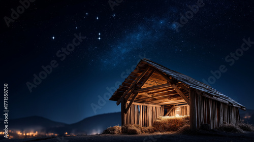 Rustic wooden stable structure at dark blue starry night sky with twinkling stars Jesus Christ birth nativity concept Christmas holy night celebration ancient Bethlehem scene