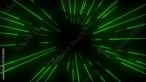 Light streams from center, glowing green streaks on dark blue background