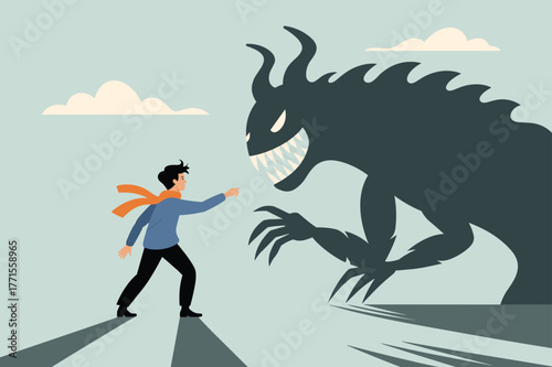 Person Confronting Dark Shadow of Anxiety. Bravery and Self Confidence Against Inner Fear.