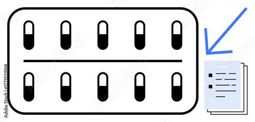Blister pack with doses of medication alongside prescription papers and a blue arrow highlighting documentation. Ideal for healthcare, treatment, medication, dosage, pharmaceutical use, medical