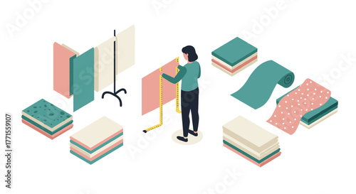 Isometric sewing design: tailor with fabric rolls, tape measure, and patterns in pastel tones