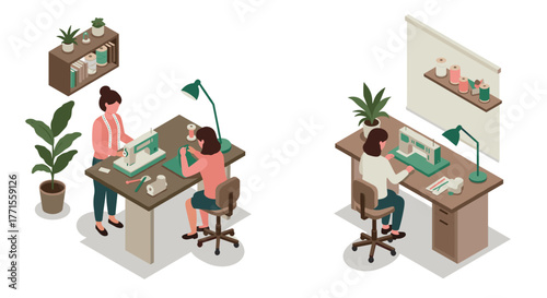 Seamstress crafting in cozy sewing studio with isometric style
